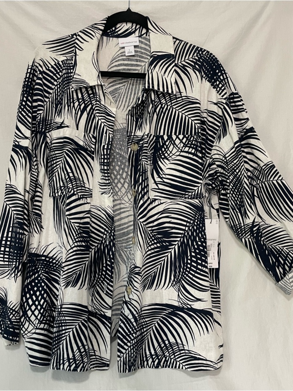 Liz Claiborne Navy and White Palm-Print Button Up Shirt Linen Rayon Blend, Sz Lg